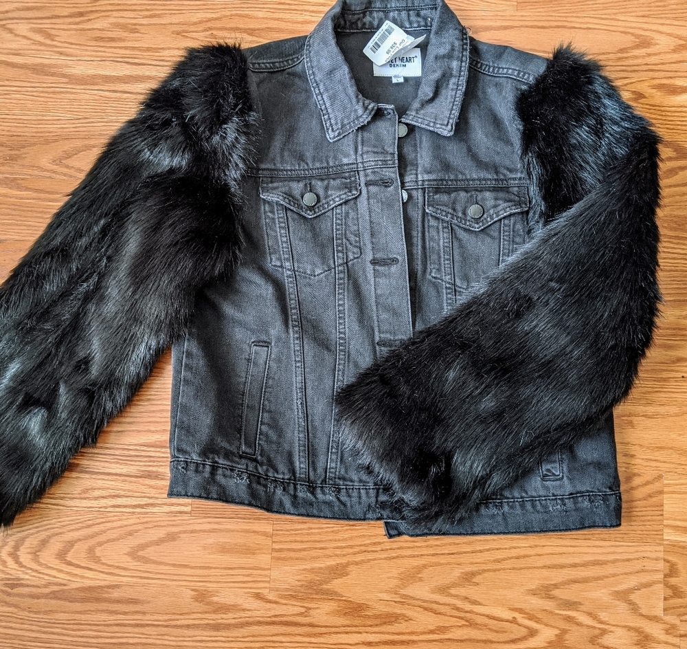 Black Velvet Heart Denim and fur Jacket size Large